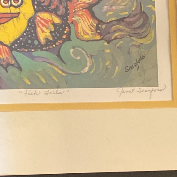 JANET SEARFOSS “fish tails” signed art print in frame 14-1/2” x 13” - Picture 4 of 5